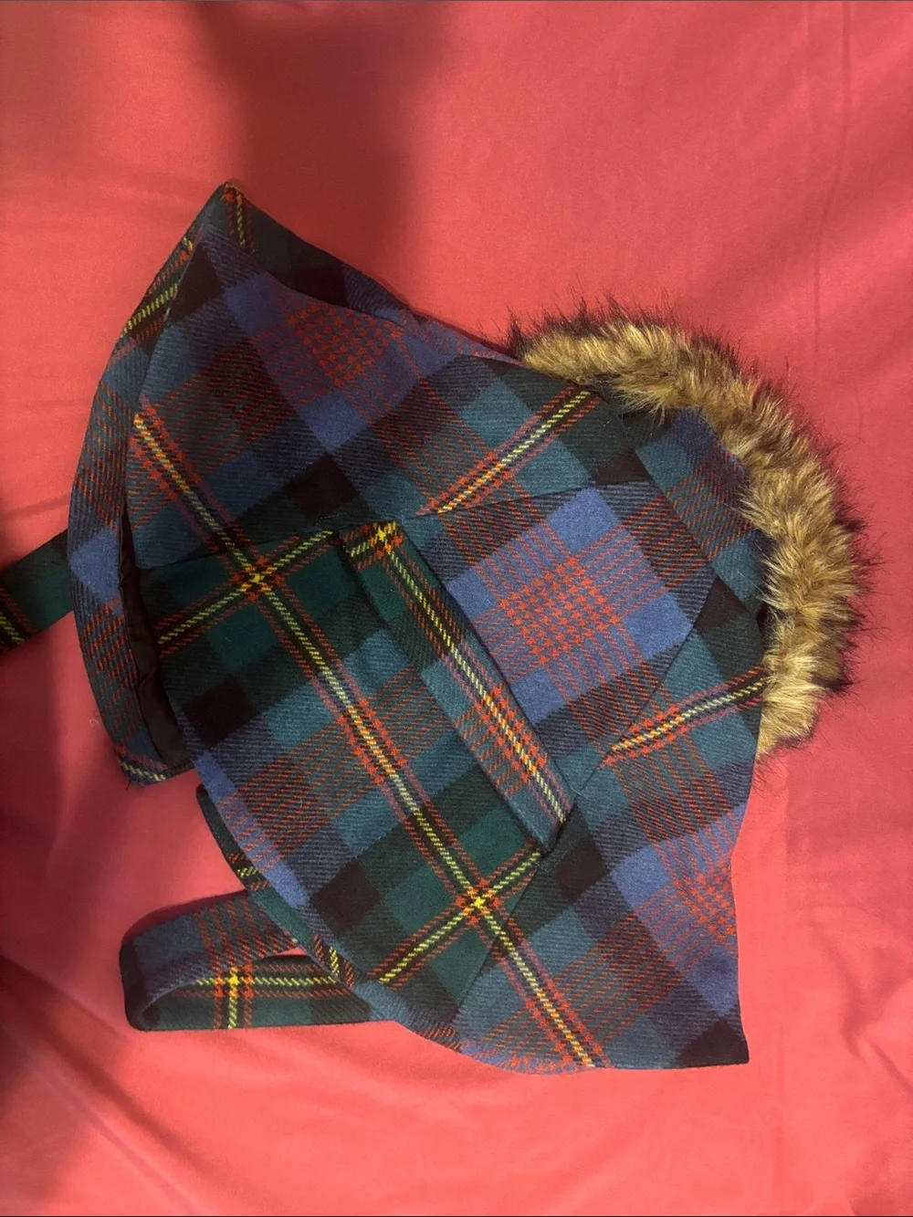 Ralph Lauren Green & Blue Tartan Hooded Cape with Faux Fur Trim